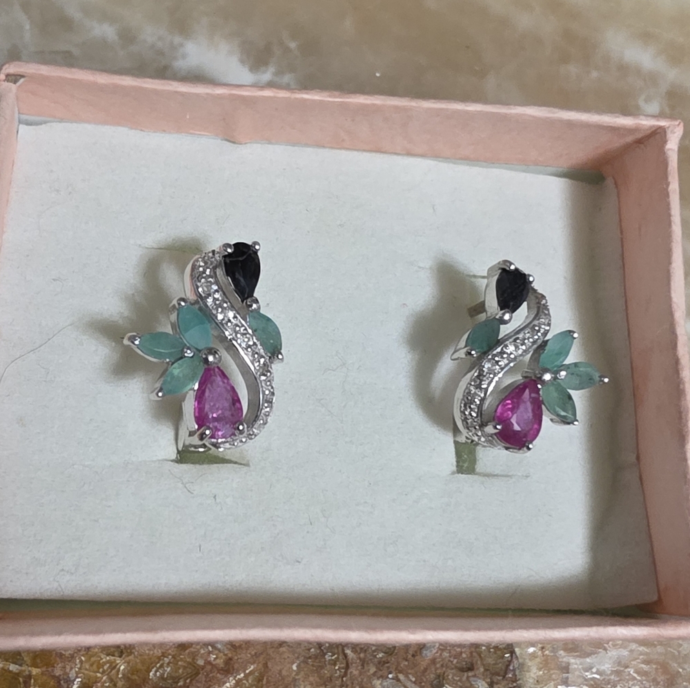 🆕️ Dainty Elegant Lab Ruby Emerald Sapphire Sterling Silver Gemstone Earrings